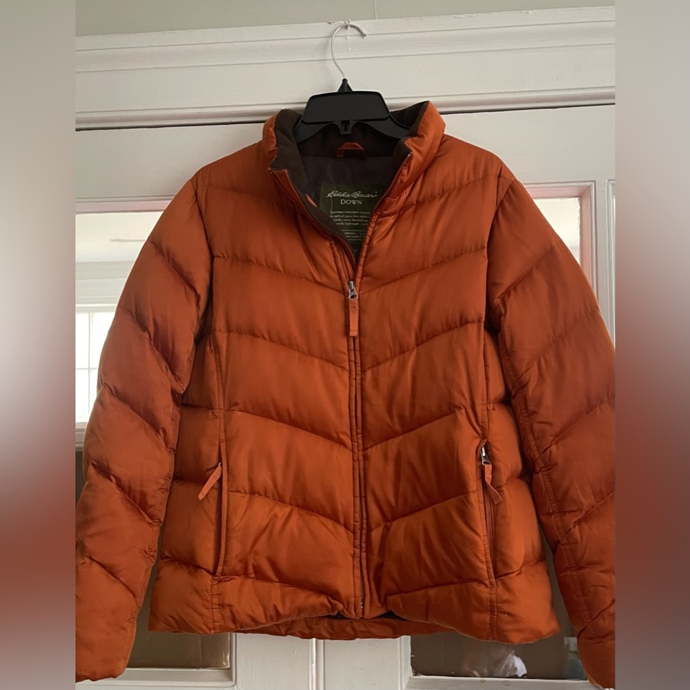 Eddie Bauer Down Puffy Long Sleeve Jacket Size Large Orange Full Zip